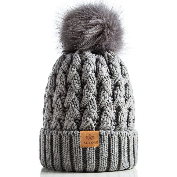 Women’s Light Gray Winter Ribbed Beanie Hat Chunky Cable Knit Pompom Warm main image 5